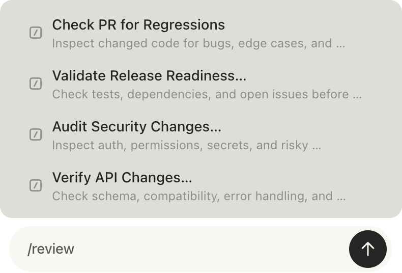 A saved “Check PR for Regressions” command beside the /review composer