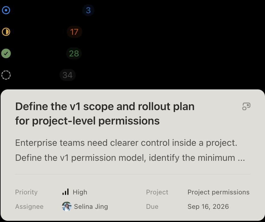 A task board splitting work into Waiting on you and In progress, with one task's detail card open