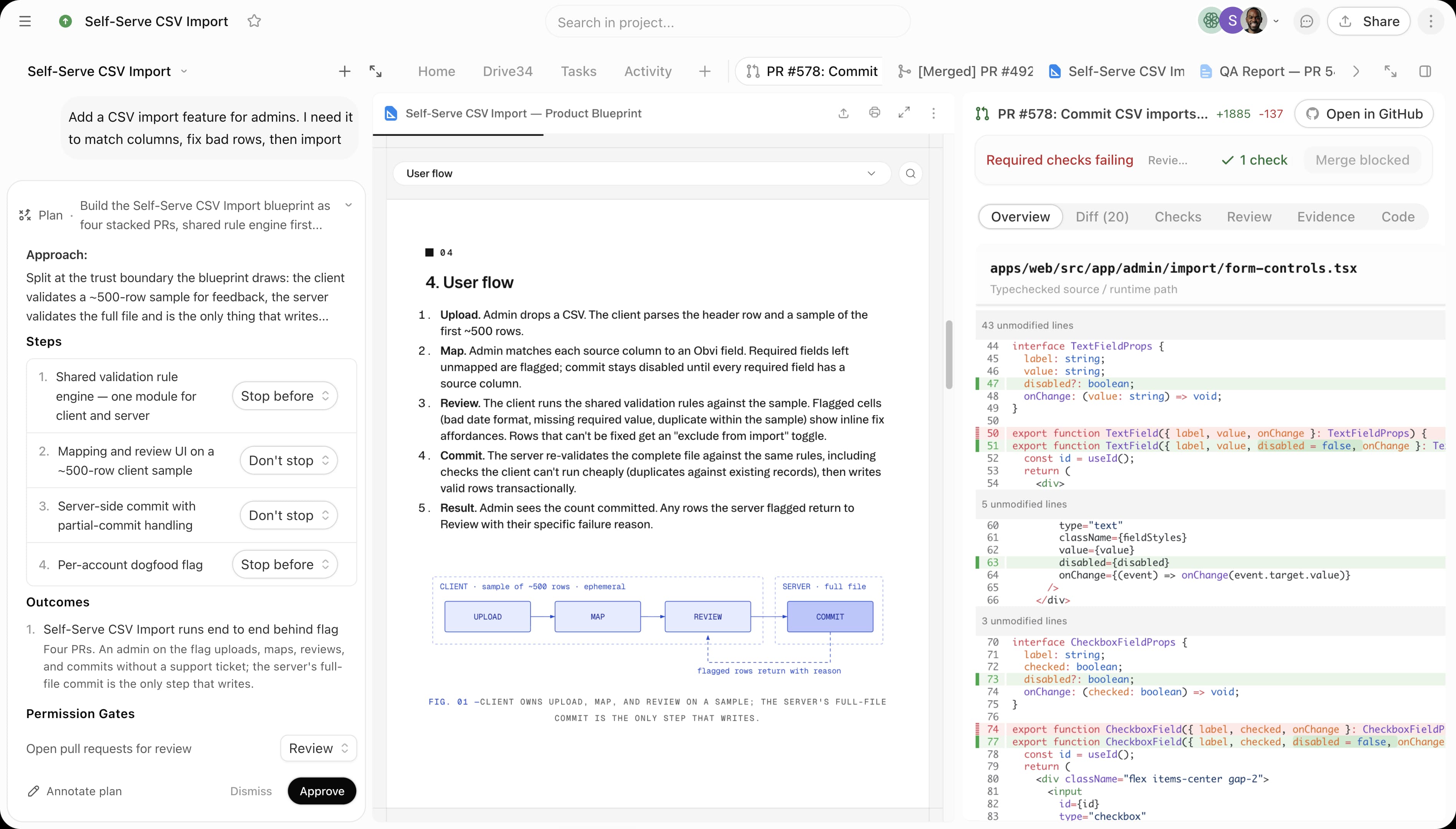 The AutoBuild product interface: a written spec becoming a plan, agents building the work, and pull requests landing merged.