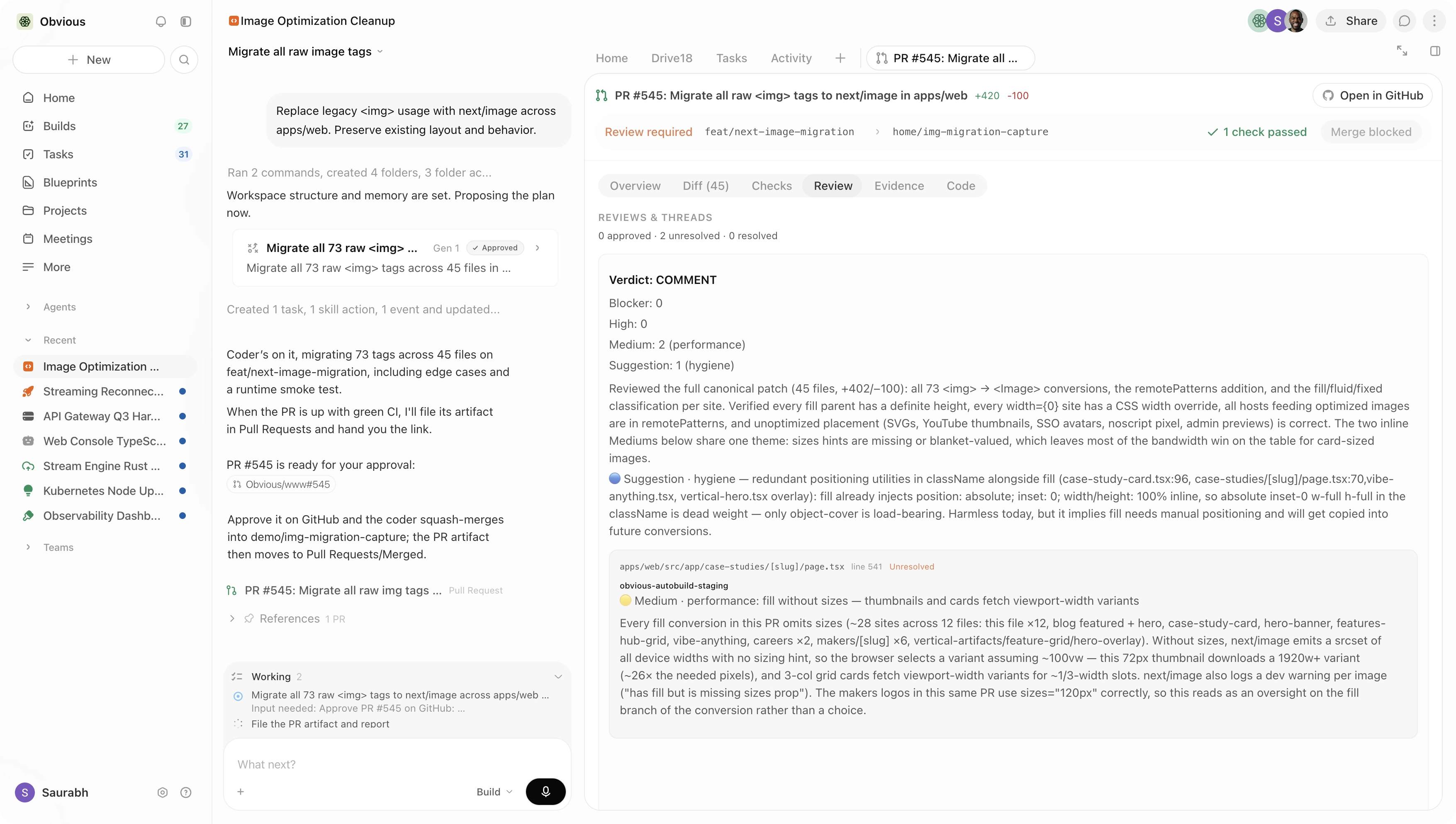 The Obvious app: a project thread on the left, a pull request review on the right